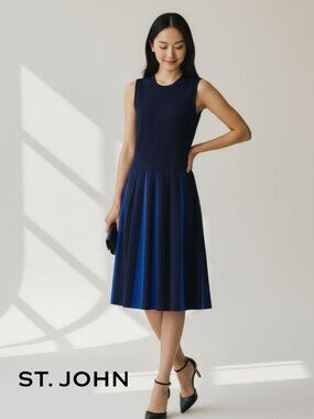 St. John Contrast Stripe Pleated Midi Dress